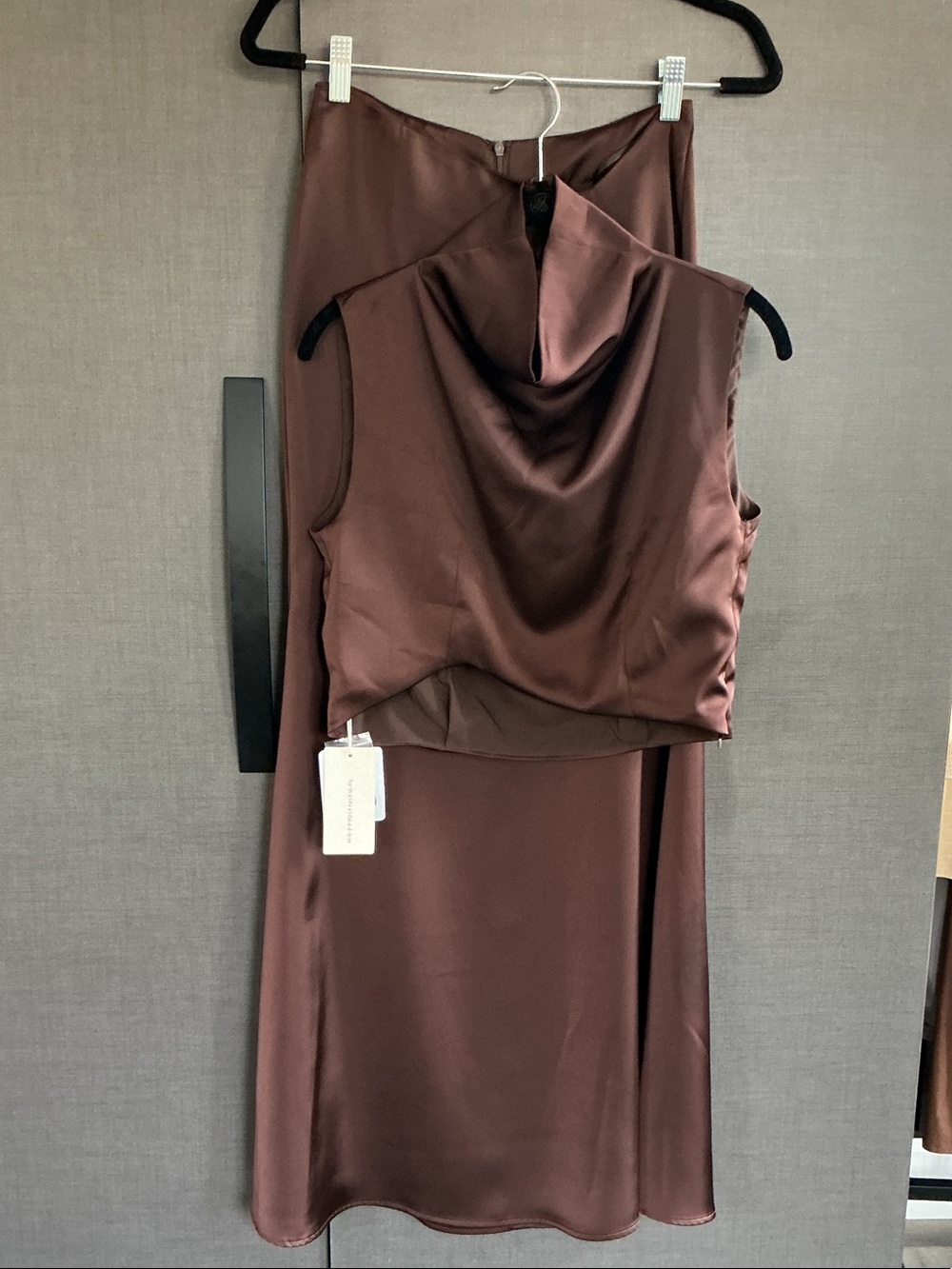 Commense Satin Cowl Neck Maxi Dress in Chocolate Brown